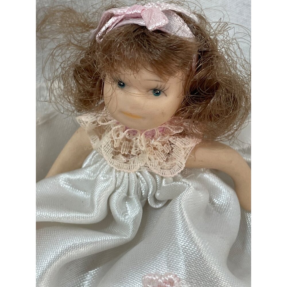 Pair of Porcelain Miniature Dolls Twins 3" Doll House Baby Ruffles Lacey Dress